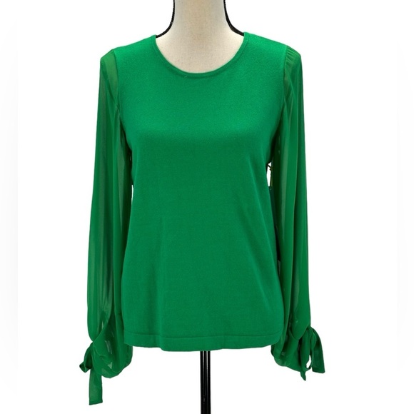 CeCe Tops - CeCe Long Sheer Sleeve Tie Cuff Crew Neck Top - Green - size Small